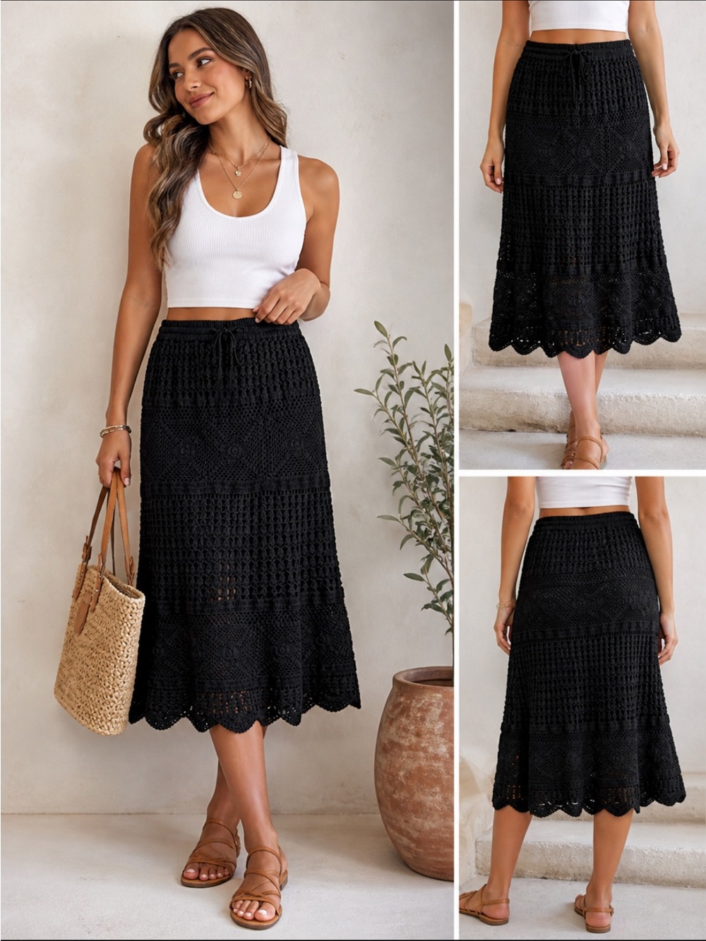 NorthStyle Black Open Knit BOHO Hippie MIDI Summer Skirt w/Scalloped Hem SZ L/XL
